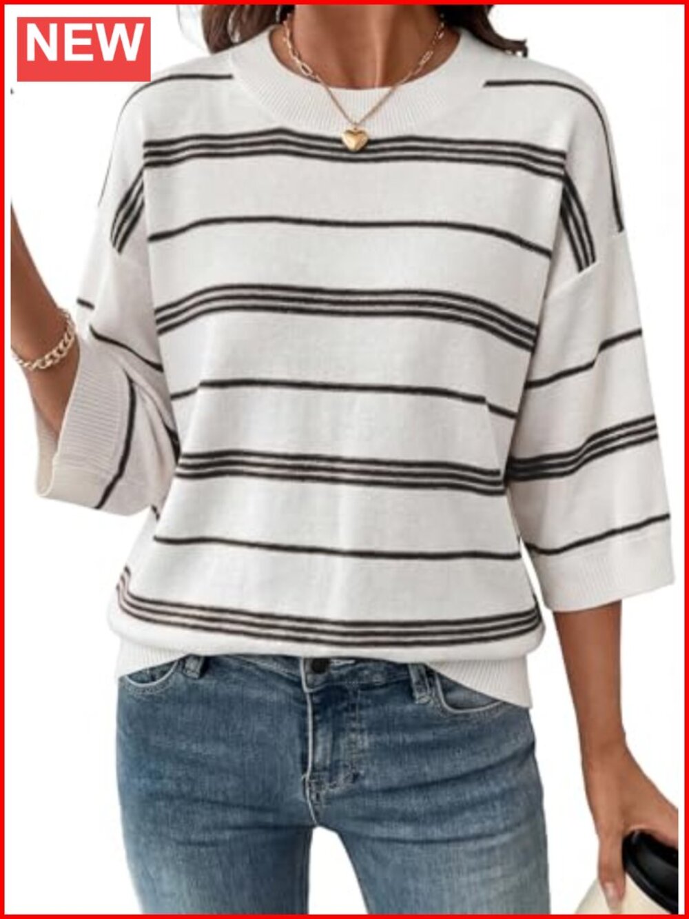 Oversized Lightweight Knit Pullover Sweater 3/4 Sleeve Crewneck